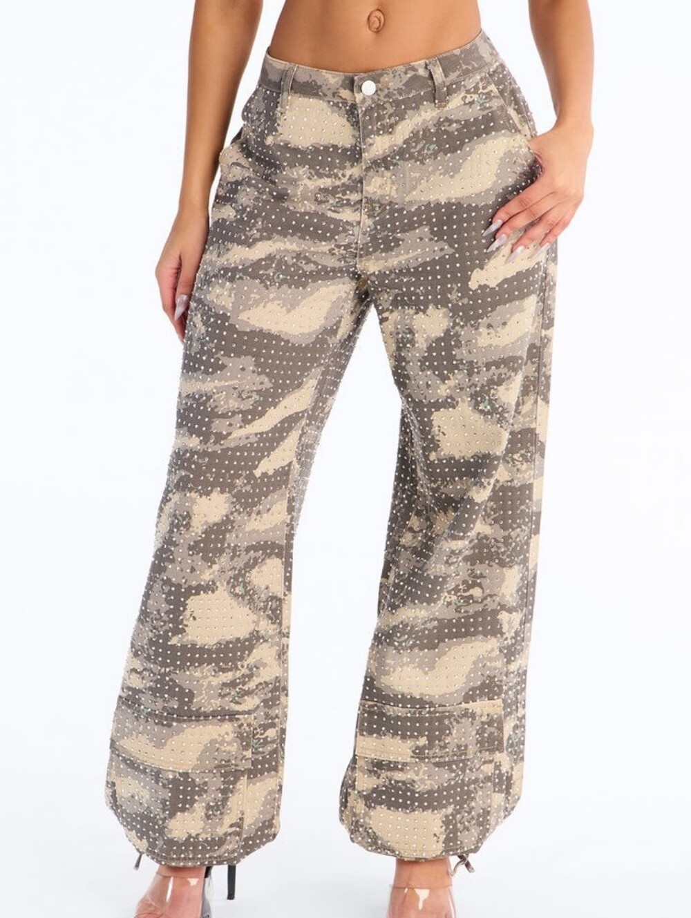Beige Camo Wide-Leg Pants with Stud Detail